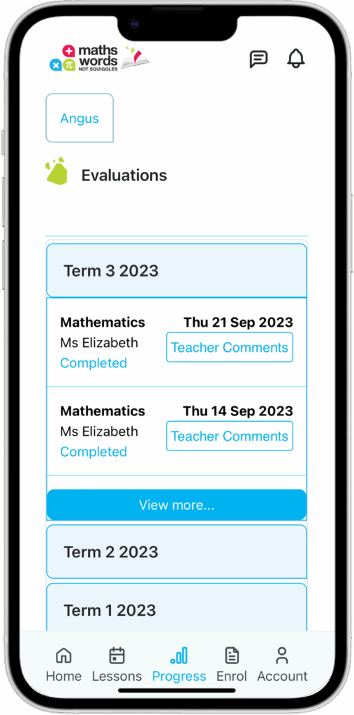 MWNS Parent Portal Evaluations Screen