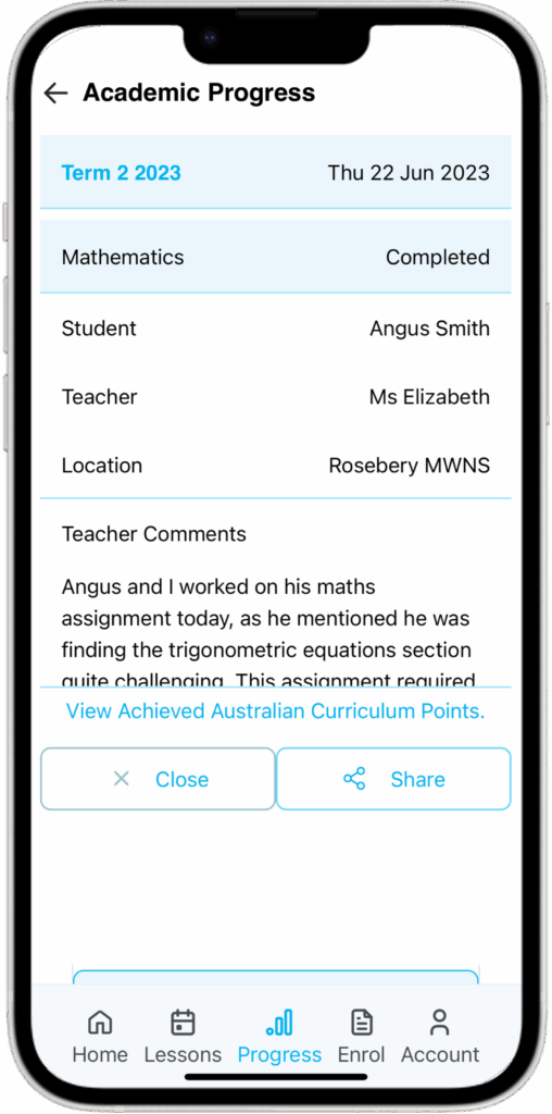 MWNS Parent Portal Academic Screen