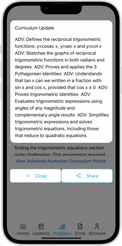 MWNS Parent Portal Curriculum Update Screen