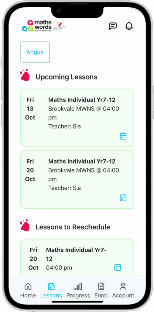 MWNS Parent Portal Upcoming Lessons Screen